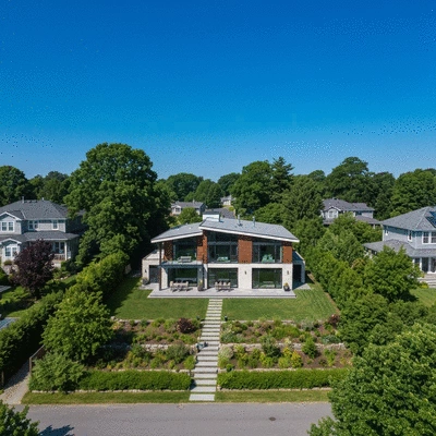 Drone capturing an aerial view of a modern house and its surrounding neighborhood