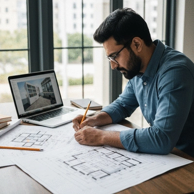 Architect working on blueprints at a desk