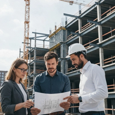 Architects reviewing as-built drawings on a construction site