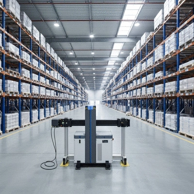 Industrial 3D scanner capturing data in a warehouse