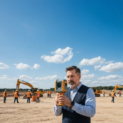 Professional using LiDAR scanner with a drone over a construction site