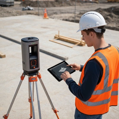 Construction site being surveyed by a LiDAR scanner, with a worker observing a tablet displaying a point cloud, clean image, no text, no words, no typography, 8K