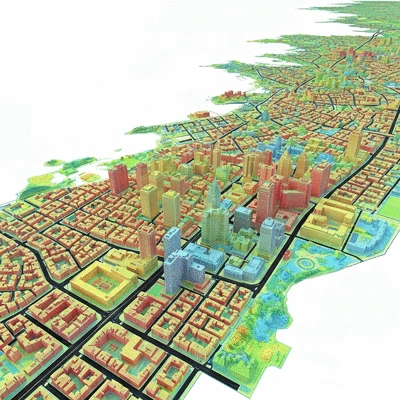 Detailed 3D point cloud visualization of an urban landscape, showing buildings and infrastructure with different colors representing elevation, clean image, no text, no words, no typography, 8K