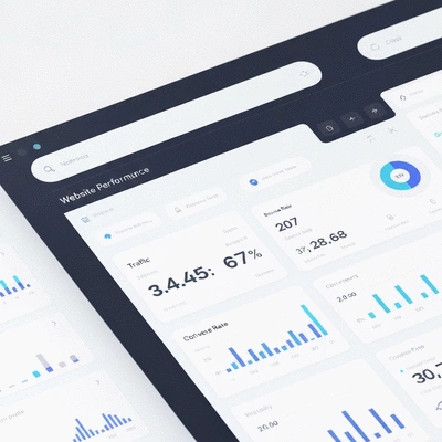 A modern data analytics dashboard displaying website performance metrics like traffic, bounce rate, and conversion rates, clean image