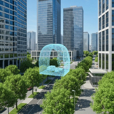 LiDAR scanner capturing 3D data of an urban landscape with buildings and trees