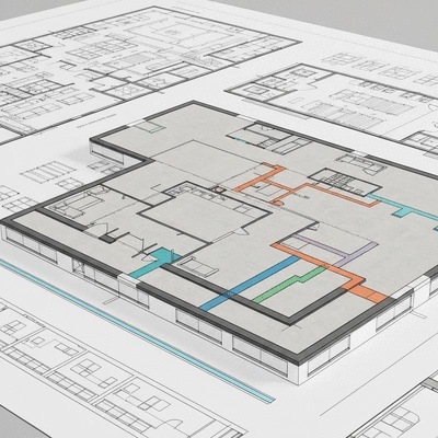 Architectural blueprint with highlighted connections and paths, representing site architecture SEO